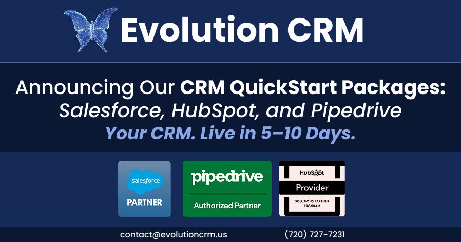 Graphic promoting CRM implementation services with flat-fee pricing and US-based consultants for Salesforce, HubSpot, and Pipedrive quick start packages